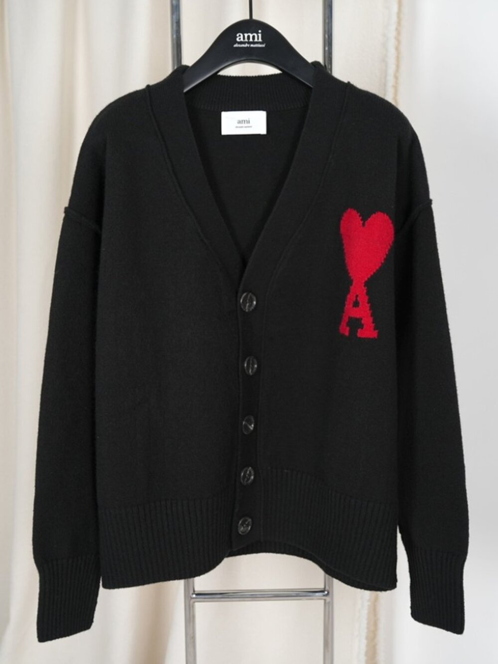 Ami Paris Red Heart Logo Black V‑Neck Knit Cardigan